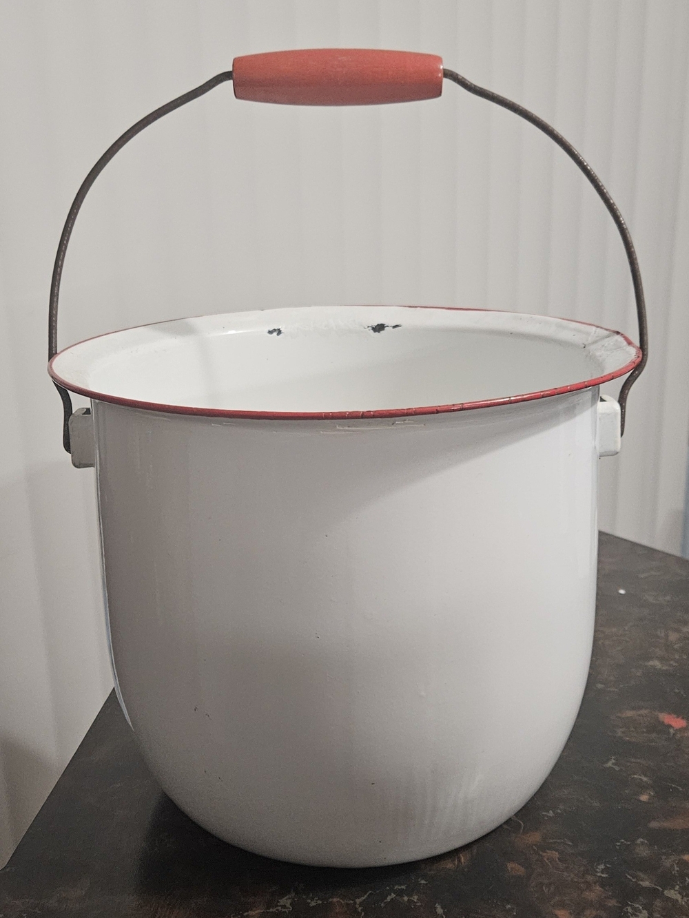 Vintage White Enamel Bucket with Red Trim and Handle